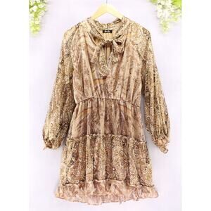 Miss Me Women's Print Ruffle Dress V-Neck Mini Dress Gold Sz Small